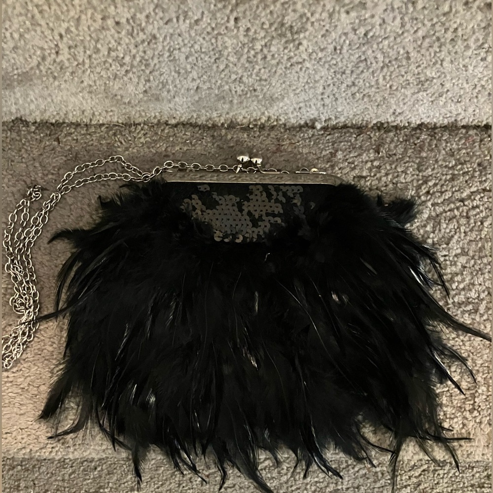 IN BEAUTIFUL AND PERFECT CONDITION! FEATHERED SEQUIN and SATIN BAG